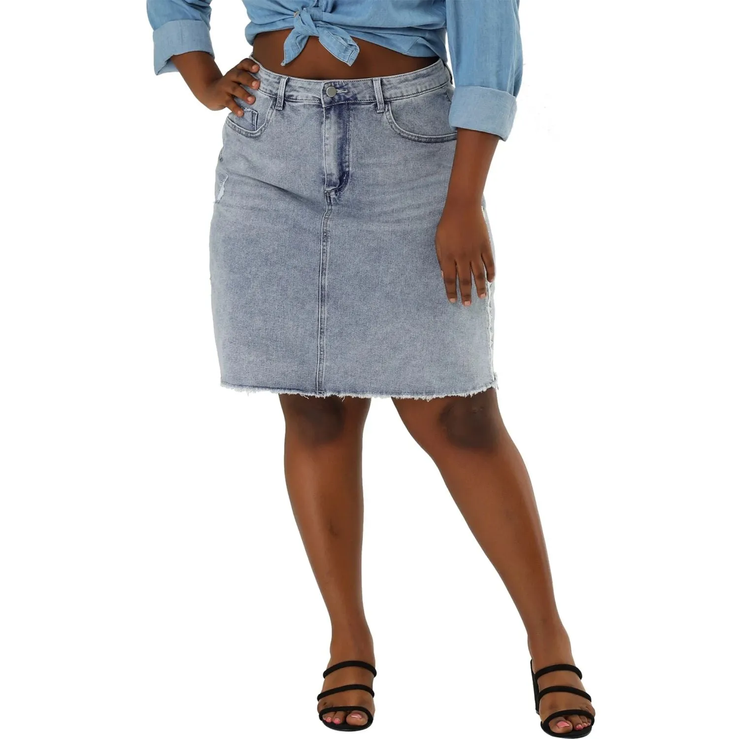 Agnes Orinda Women's Plus Size Ripped Denim Skirts with Embroidery dark blue