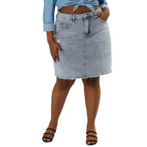 Agnes Orinda Women's Plus Size Ripped Denim Skirts with Embroidery dark blue
