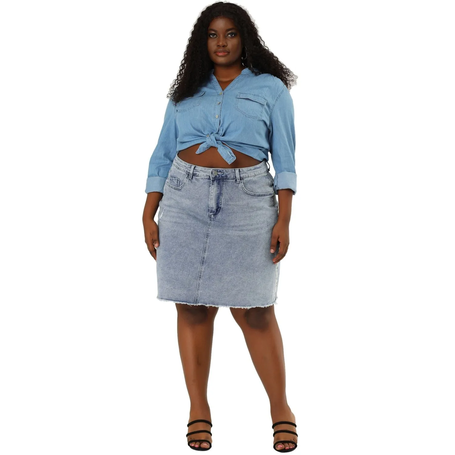 Agnes Orinda Women's Plus Size Ripped Denim Skirts with Embroidery dark blue