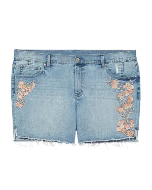 Albany Embroidered Midi Short | Light Wash / Pink