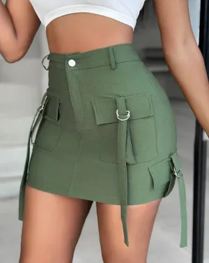 Army Green Mini Skirt with Cargo Pocket Strap