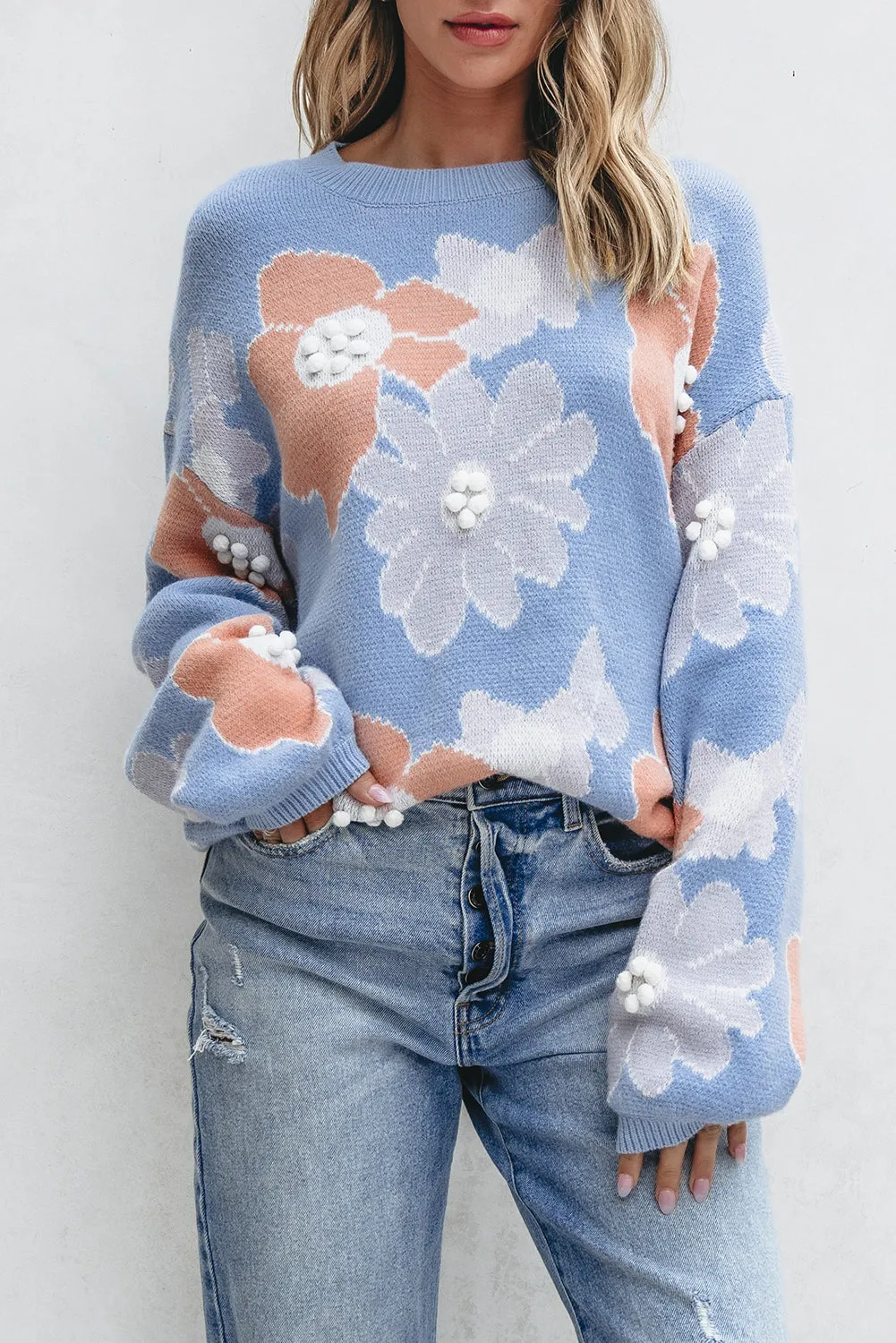 Beau Blue Floral O Neck Drop Shoulder Knitted Sweater