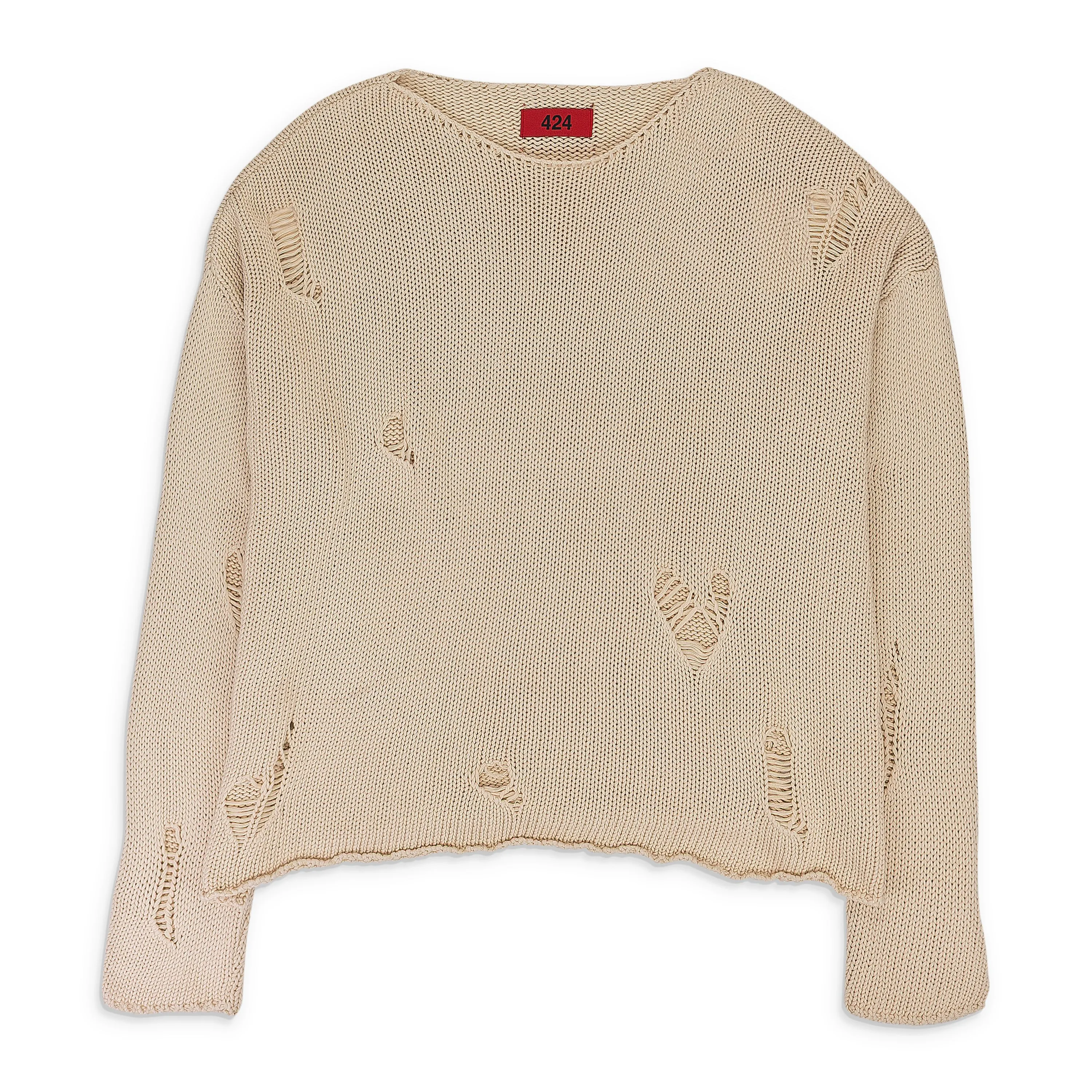 BEIGE RIPPED CREW NECK SWEATSHIRT