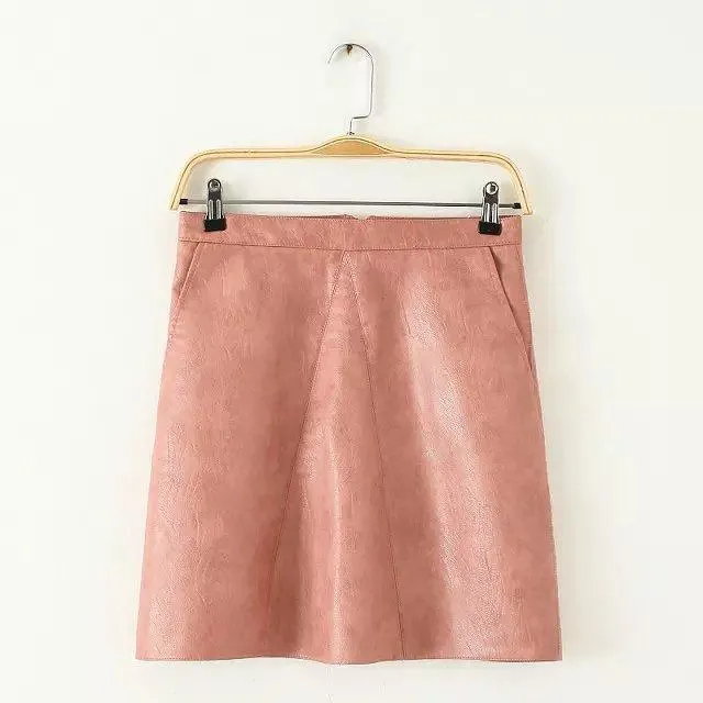 Bella Philosophy spring new PU faux leather skirt women high waist skirt pink yellow black back zipper pocket mini skrit
