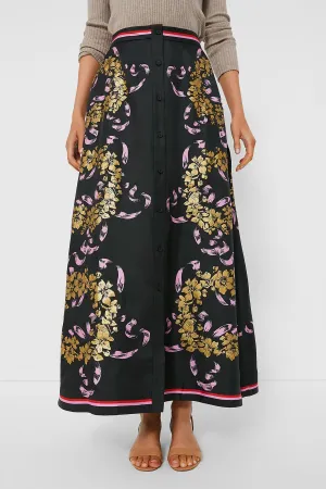 Black and Gold Silk Button Skirt
