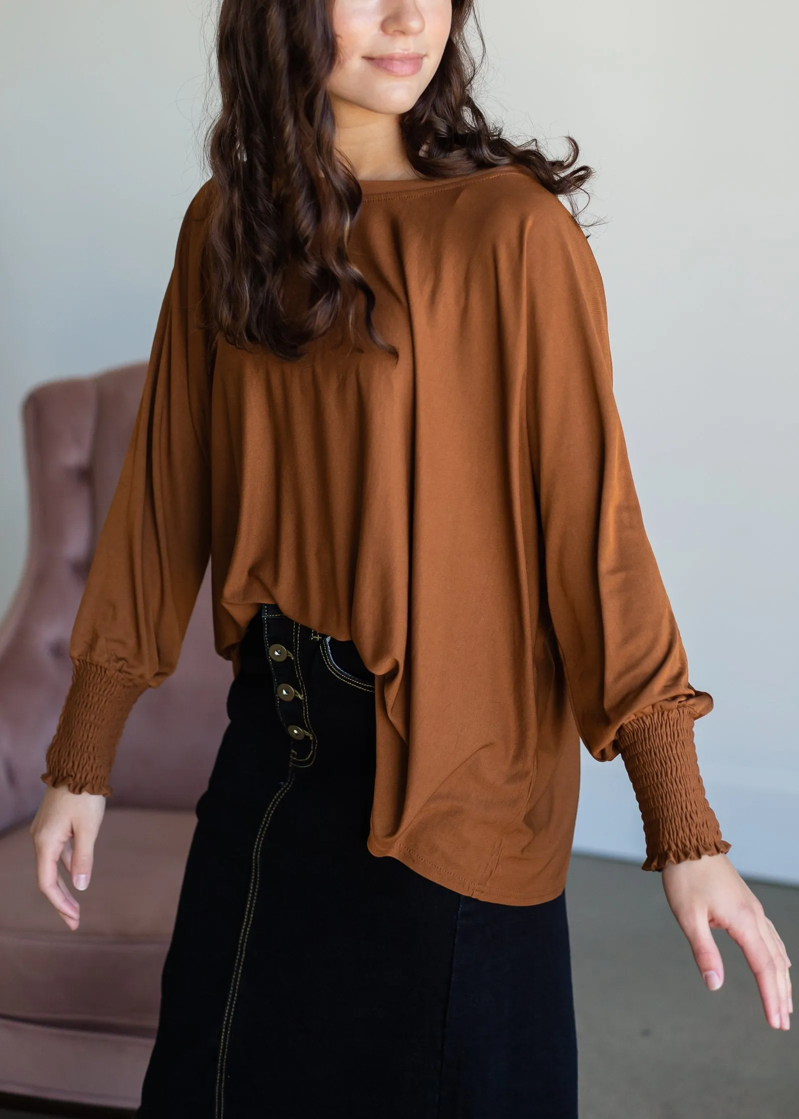 Boxy Smocked Cuff Modal Jersey Top - FINAL SALE