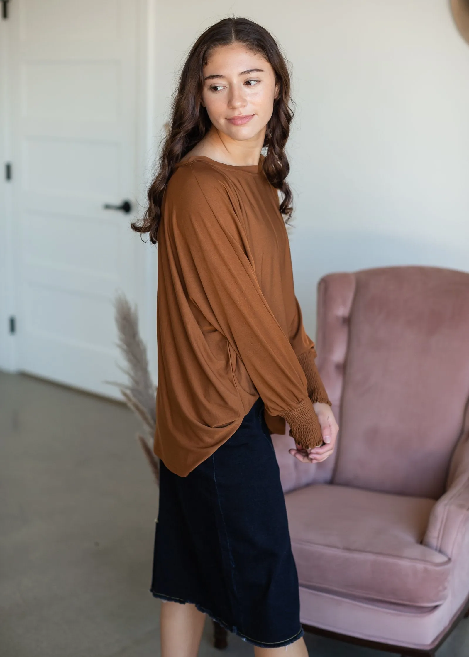 Boxy Smocked Cuff Modal Jersey Top - FINAL SALE