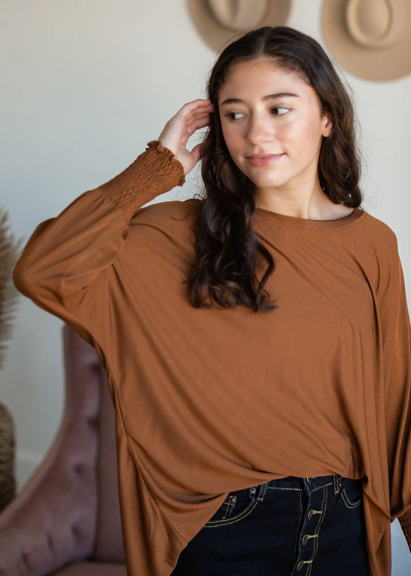 Boxy Smocked Cuff Modal Jersey Top - FINAL SALE