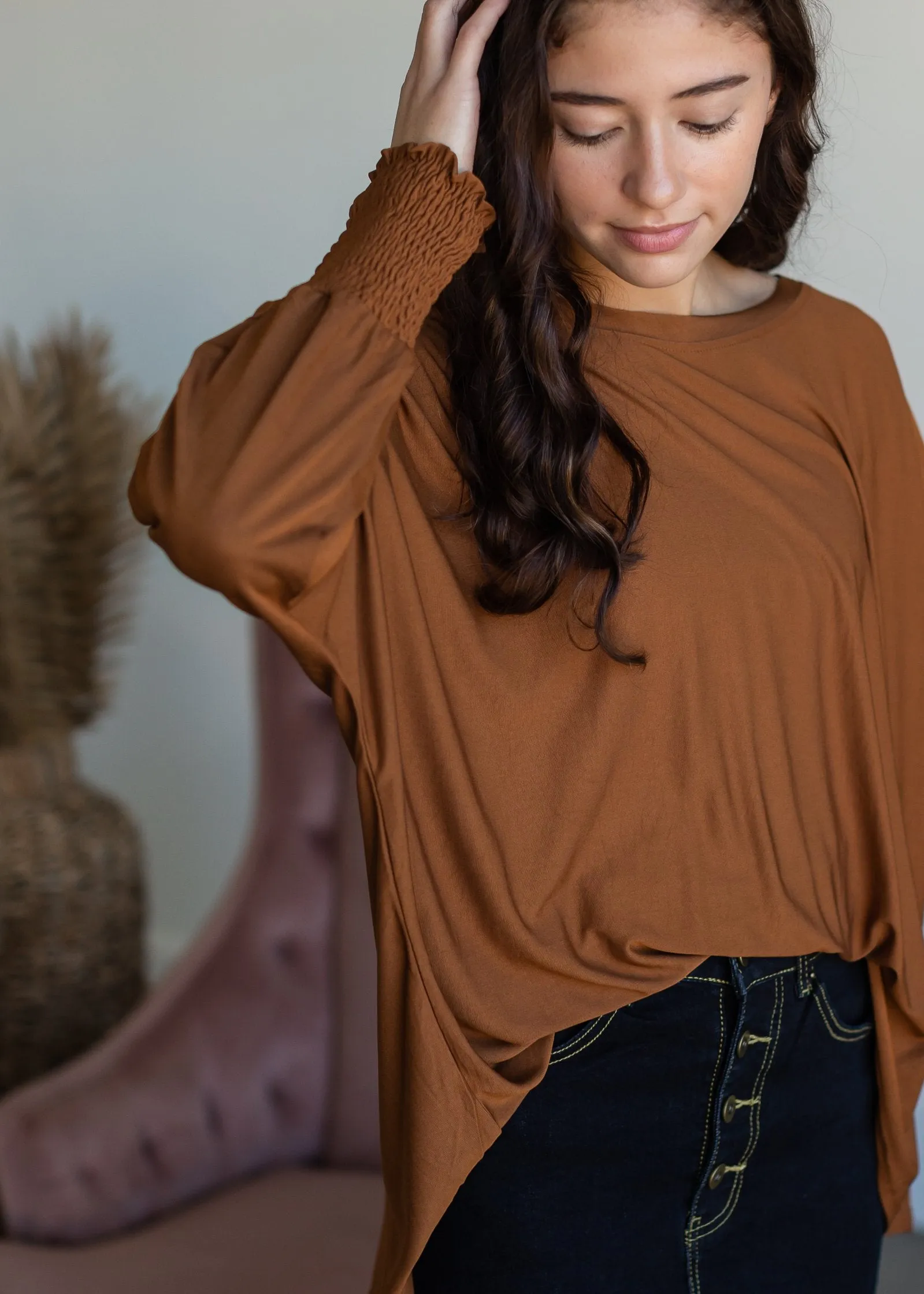 Boxy Smocked Cuff Modal Jersey Top - FINAL SALE