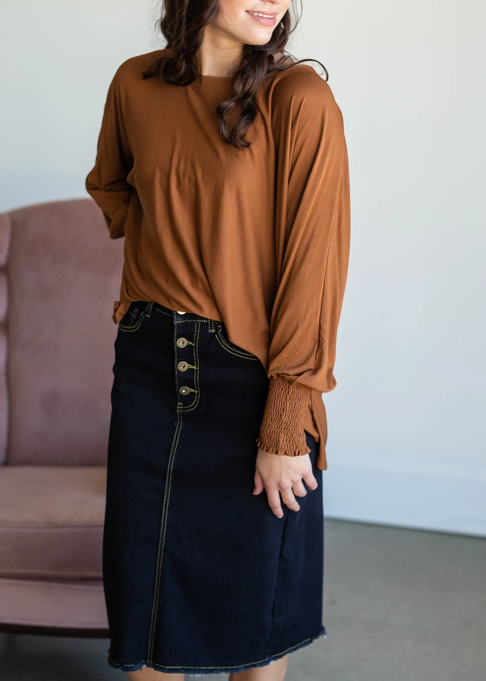 Boxy Smocked Cuff Modal Jersey Top - FINAL SALE