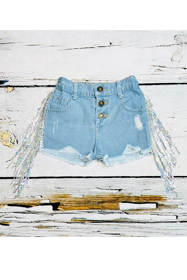 Button up light distressed shorts w/sequin tassels 230114M