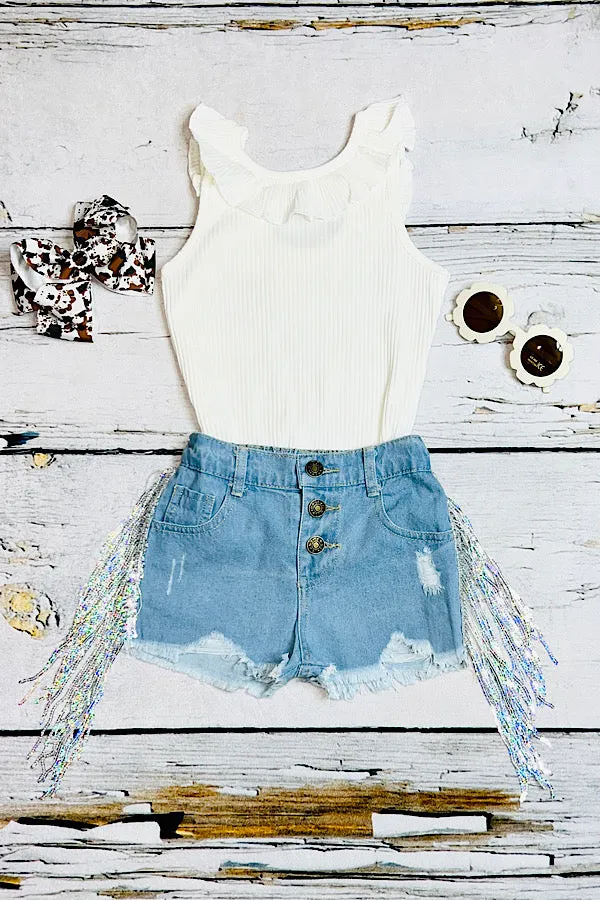 Button up light distressed shorts w/sequin tassels 230114M