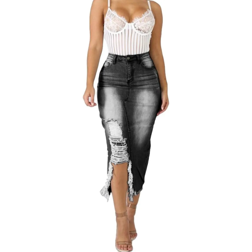 Fashion Women Skirt High Waist Ripped Split Denim Distressed Jeans Body con Long Skirt suitable for Daily Life 