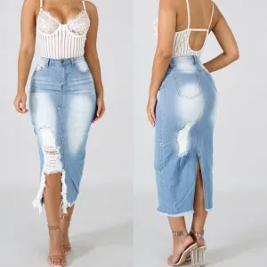 Fashion Women Skirt High Waist Ripped Split Denim Distressed Jeans Body con Long Skirt suitable for Daily Life 
