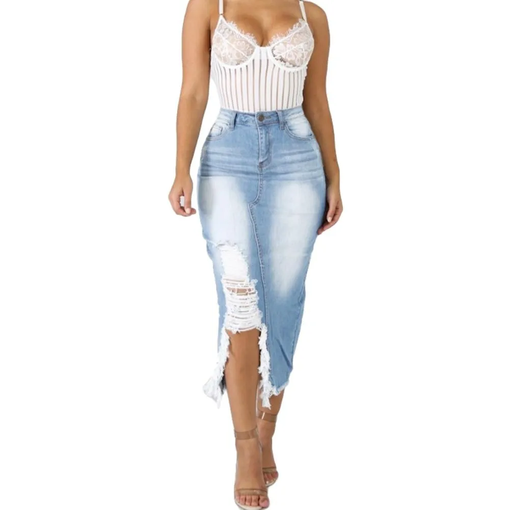 Fashion Women Skirt High Waist Ripped Split Denim Distressed Jeans Body con Long Skirt suitable for Daily Life 