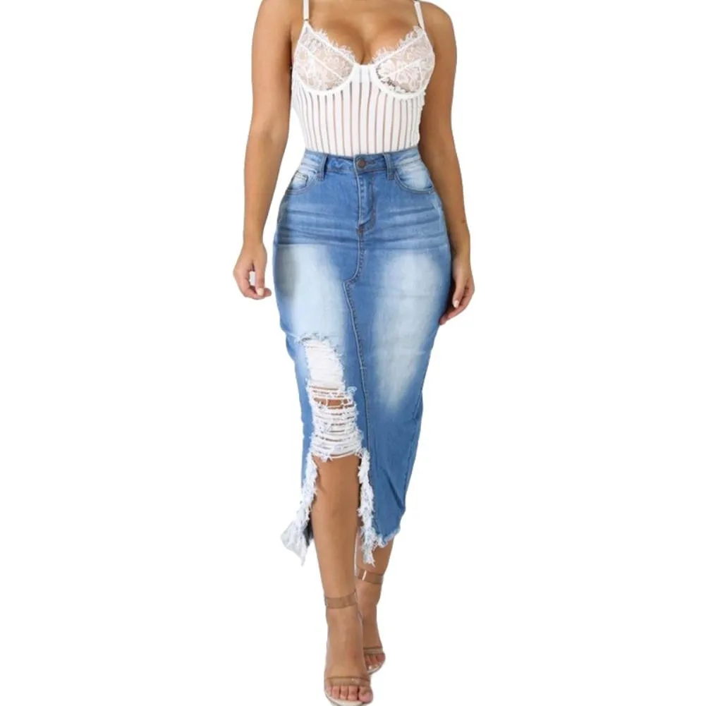 Fashion Women Skirt High Waist Ripped Split Denim Distressed Jeans Body con Long Skirt suitable for Daily Life 
