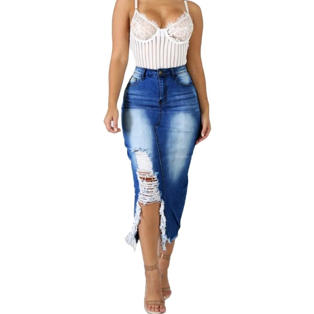 Fashion Women Skirt High Waist Ripped Split Denim Distressed Jeans Body con Long Skirt suitable for Daily Life 