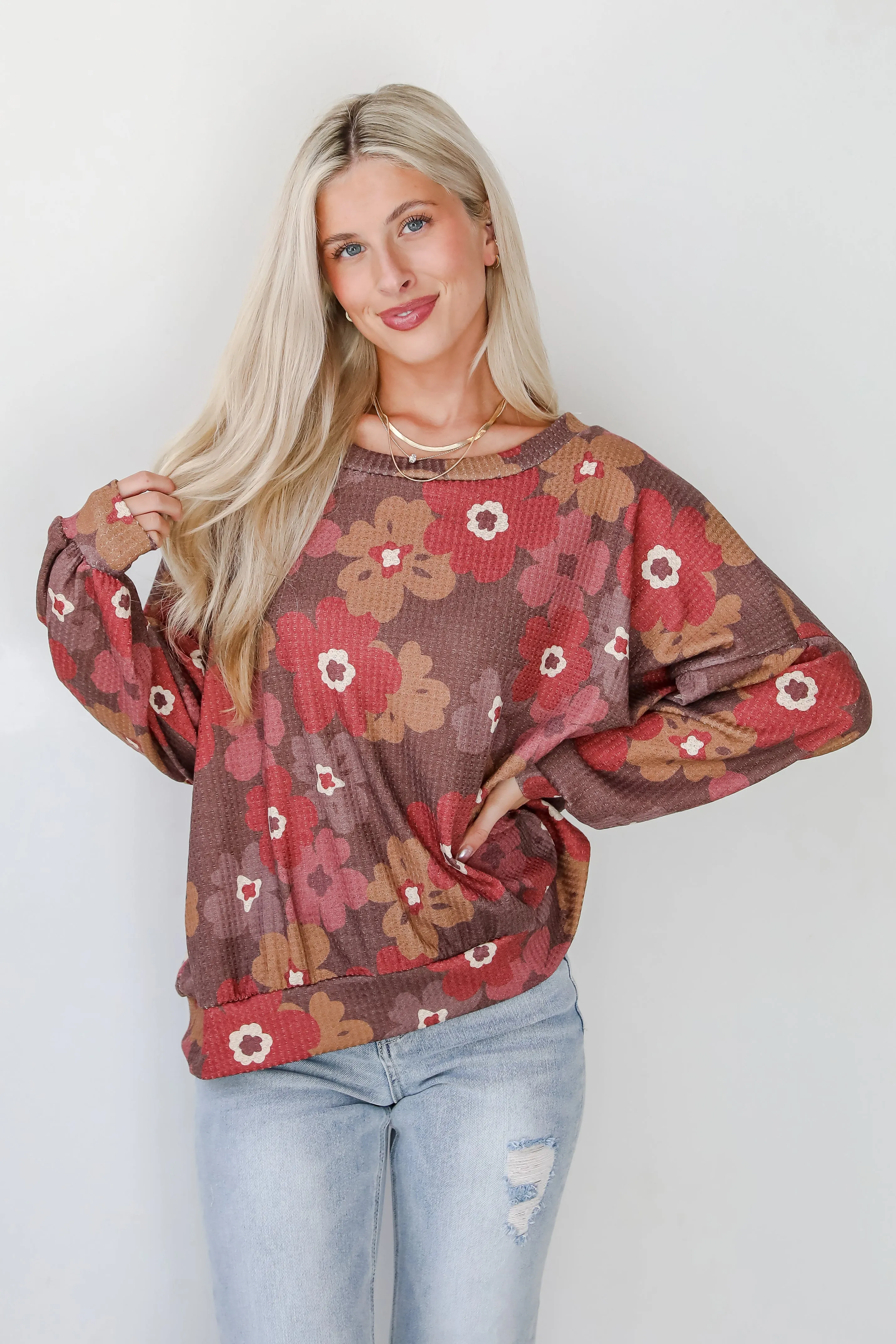 FINAL SALE - Special Sweetness Mocha Floral Waffle Knit Top - DOORBUSTER