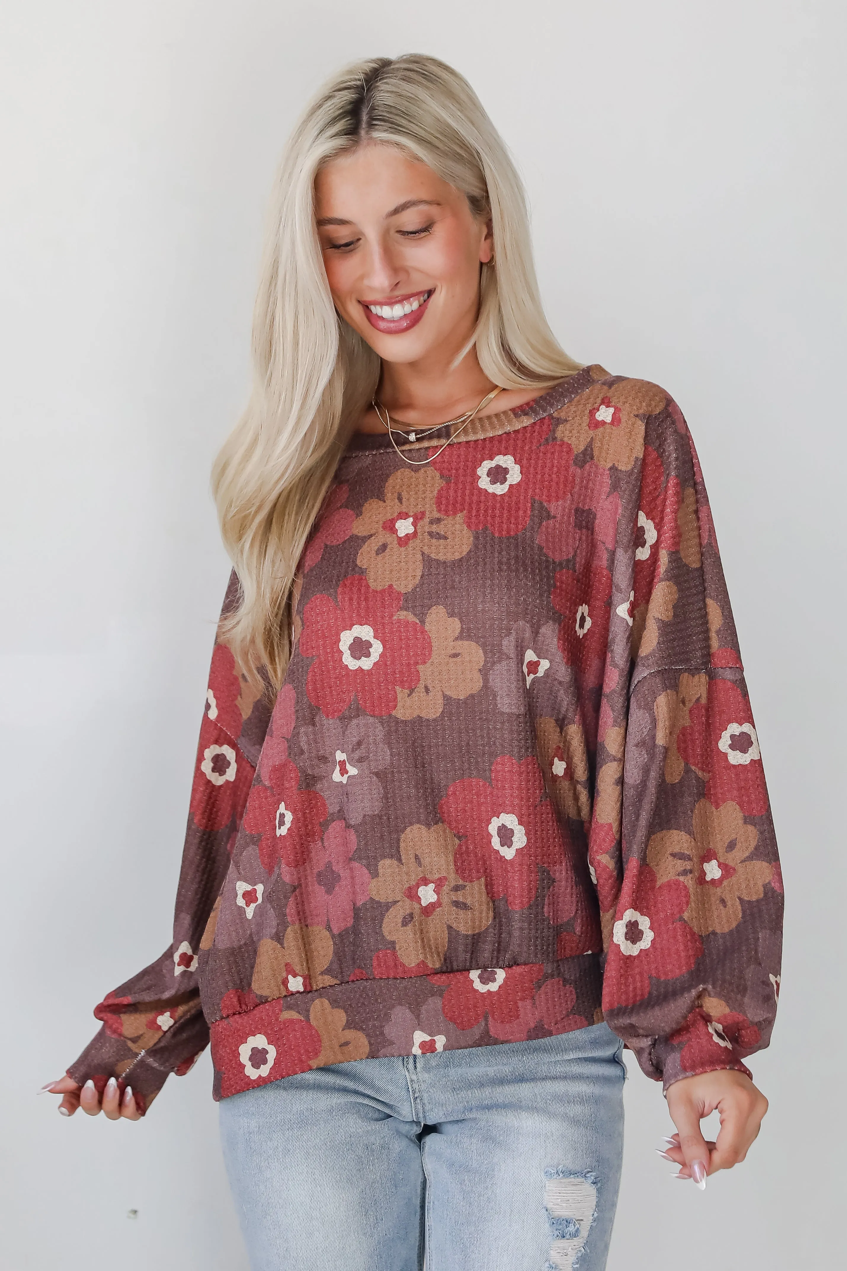 FINAL SALE - Special Sweetness Mocha Floral Waffle Knit Top - DOORBUSTER