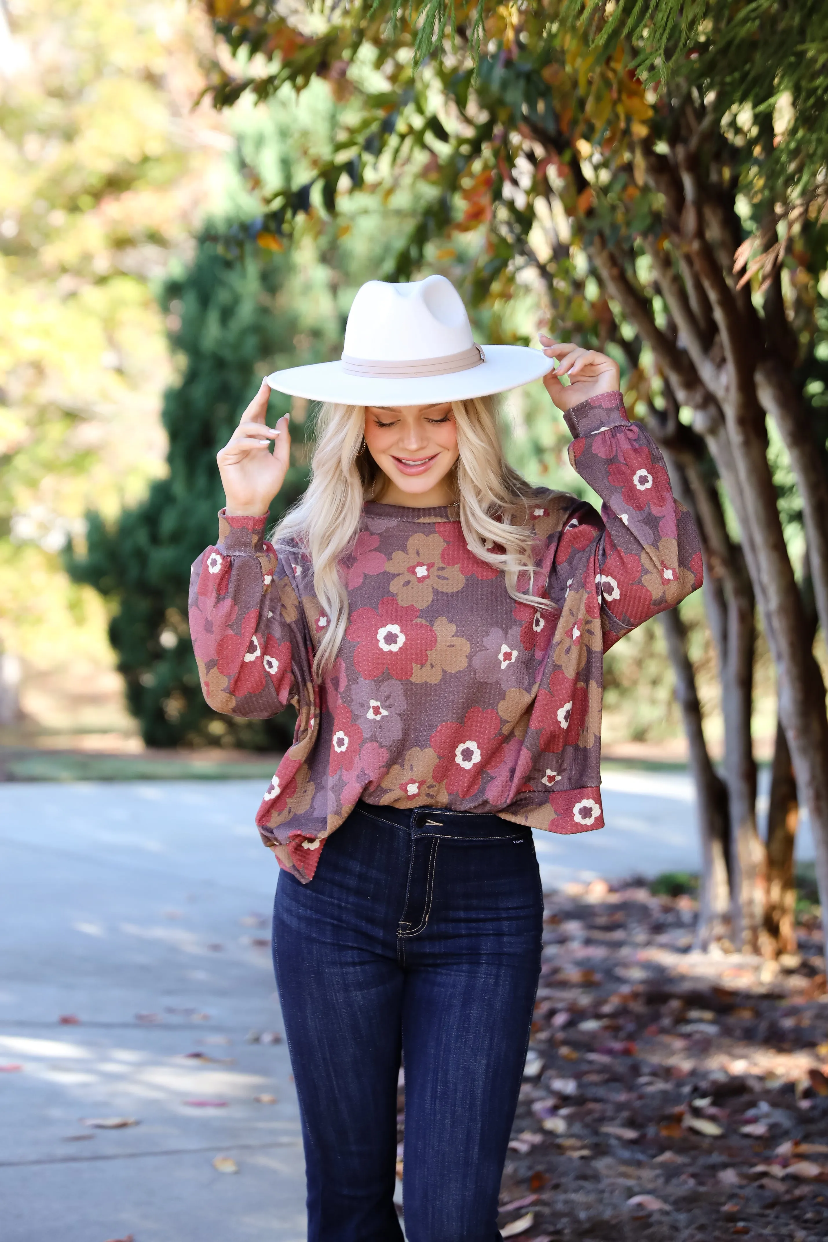 FINAL SALE - Special Sweetness Mocha Floral Waffle Knit Top - DOORBUSTER