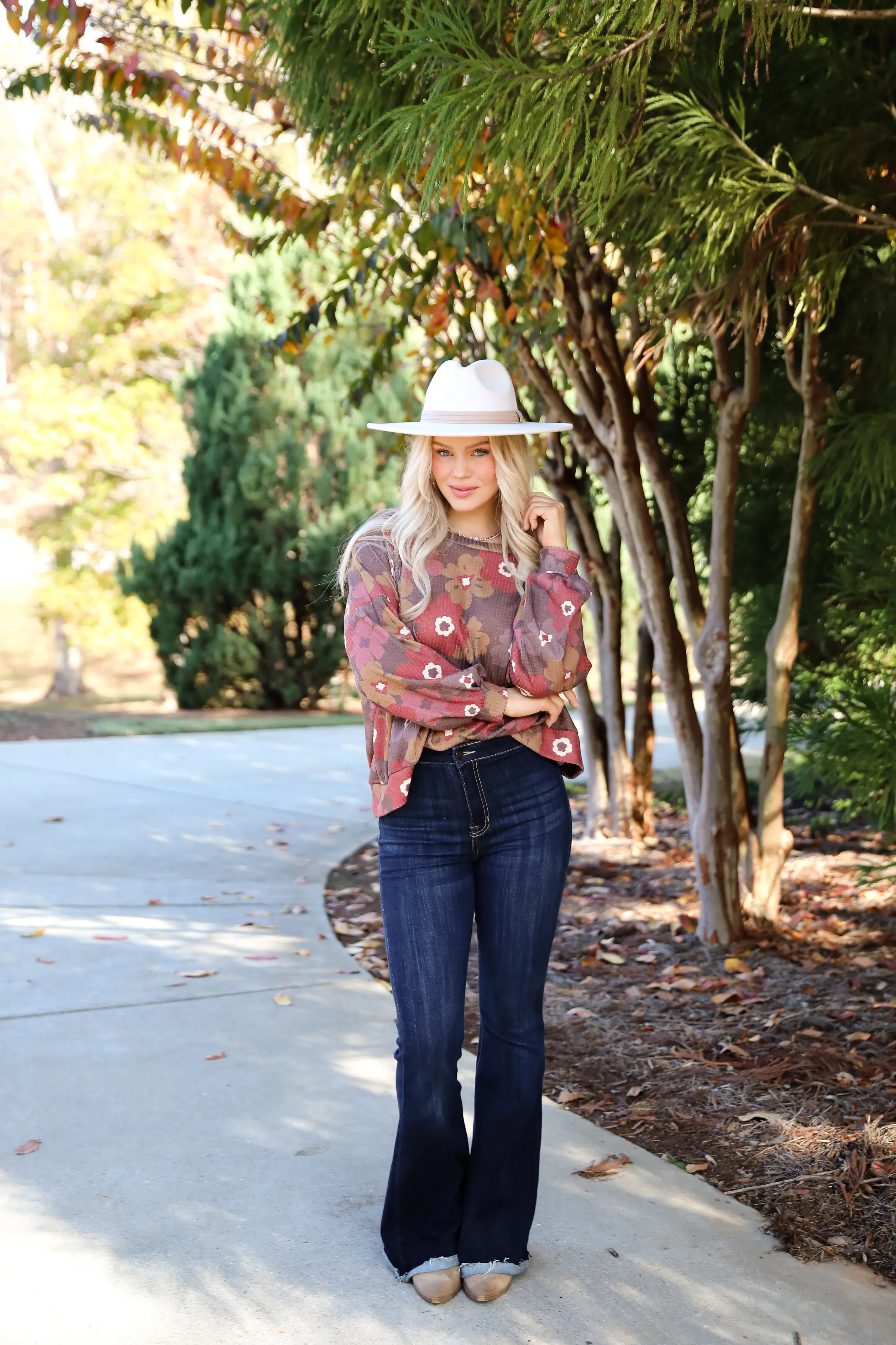 FINAL SALE - Special Sweetness Mocha Floral Waffle Knit Top - DOORBUSTER