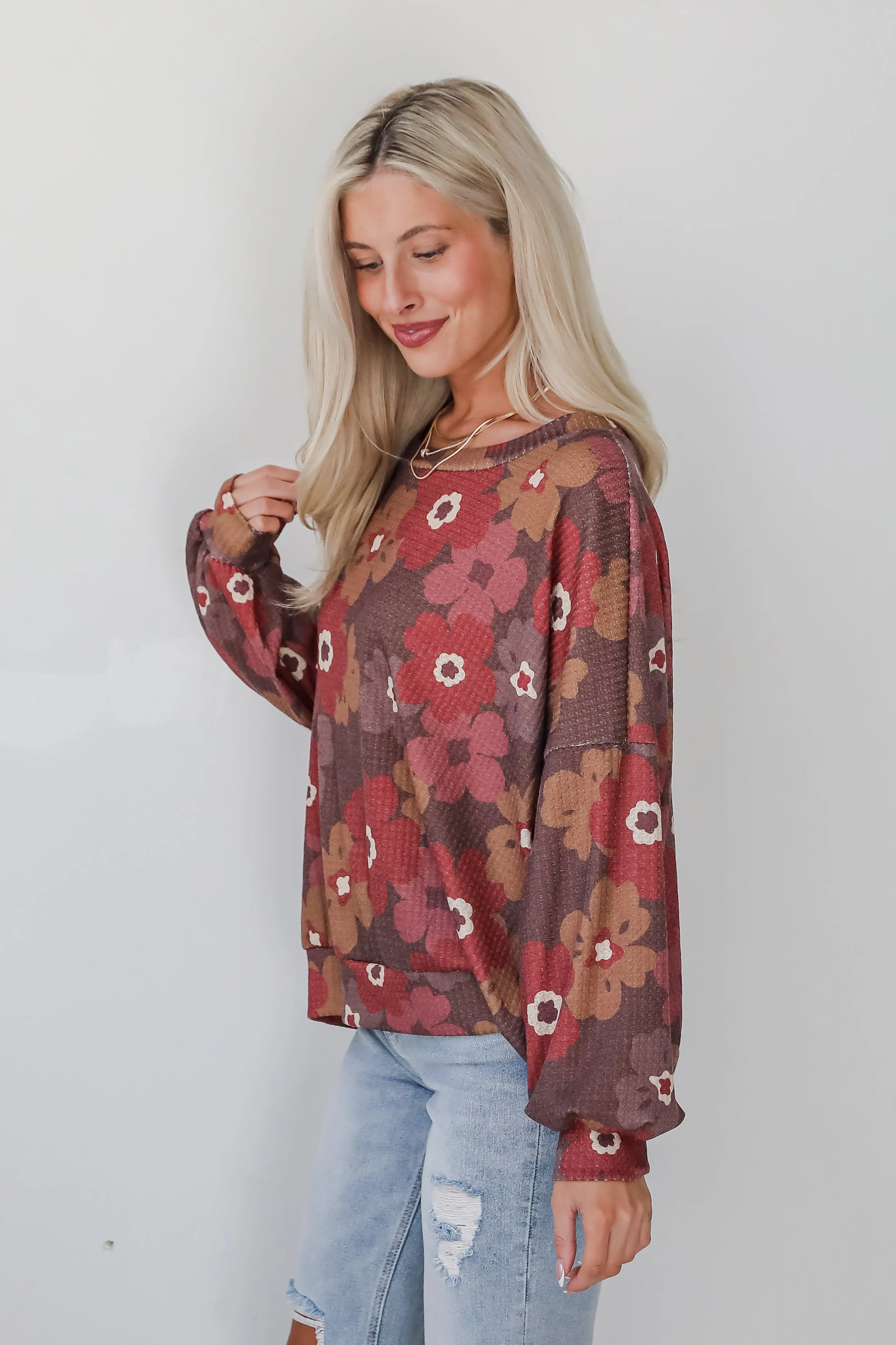 FINAL SALE - Special Sweetness Mocha Floral Waffle Knit Top - DOORBUSTER