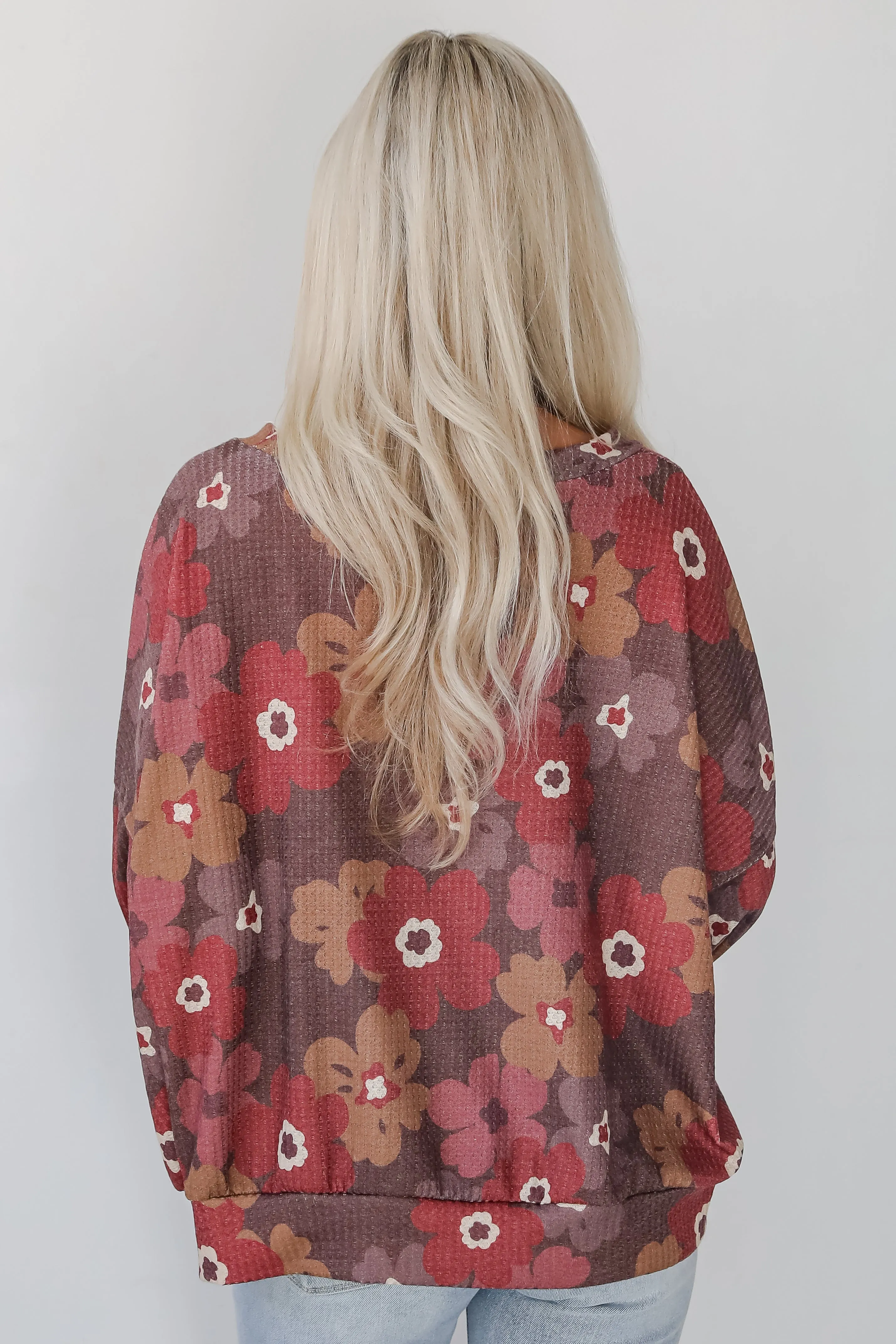 FINAL SALE - Special Sweetness Mocha Floral Waffle Knit Top - DOORBUSTER