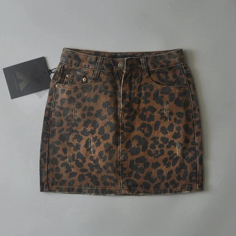 Girlary High Waisted Mini Skirts for Women Korean Fashion Leopard Skirts Womens 2024 Summer Denim Skirt Green Vintage Jean Skirt Ripped
