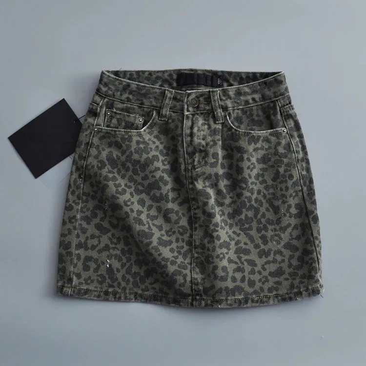 Girlary High Waisted Mini Skirts for Women Korean Fashion Leopard Skirts Womens 2024 Summer Denim Skirt Green Vintage Jean Skirt Ripped