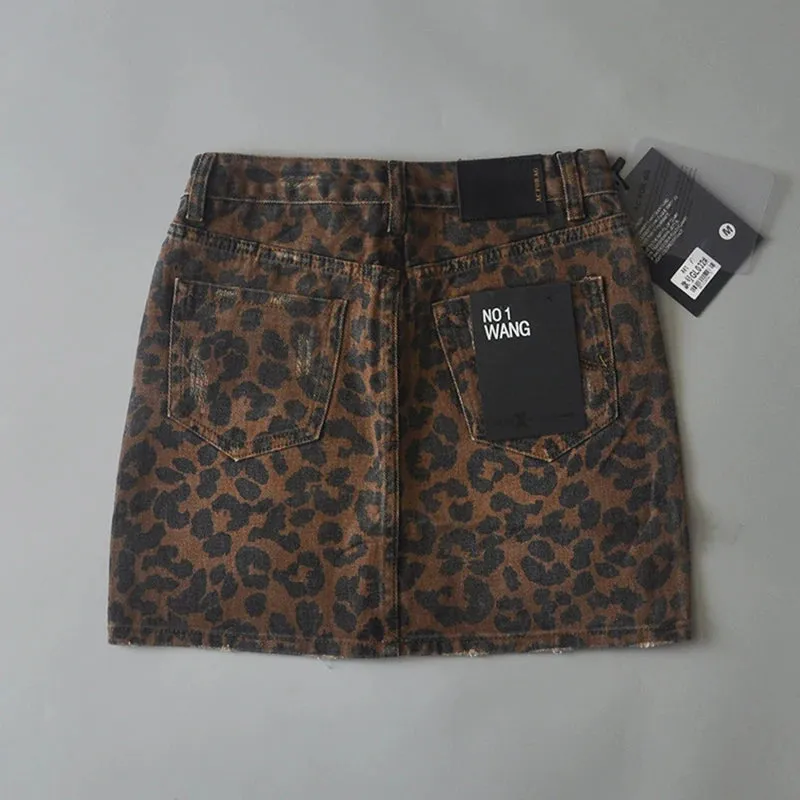 Girlary High Waisted Mini Skirts for Women Korean Fashion Leopard Skirts Womens 2024 Summer Denim Skirt Green Vintage Jean Skirt Ripped