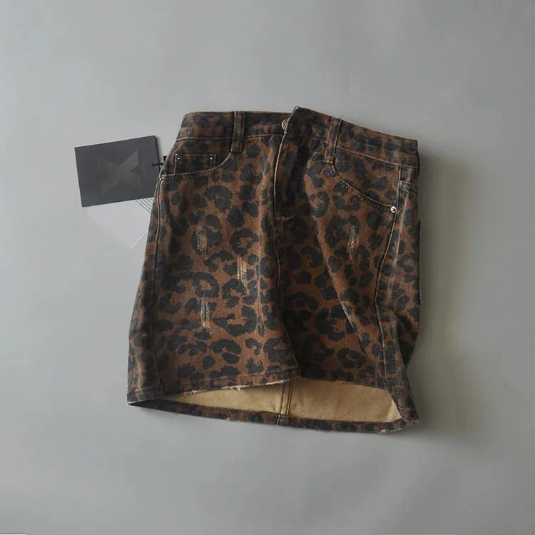 Girlary High Waisted Mini Skirts for Women Korean Fashion Leopard Skirts Womens 2024 Summer Denim Skirt Green Vintage Jean Skirt Ripped