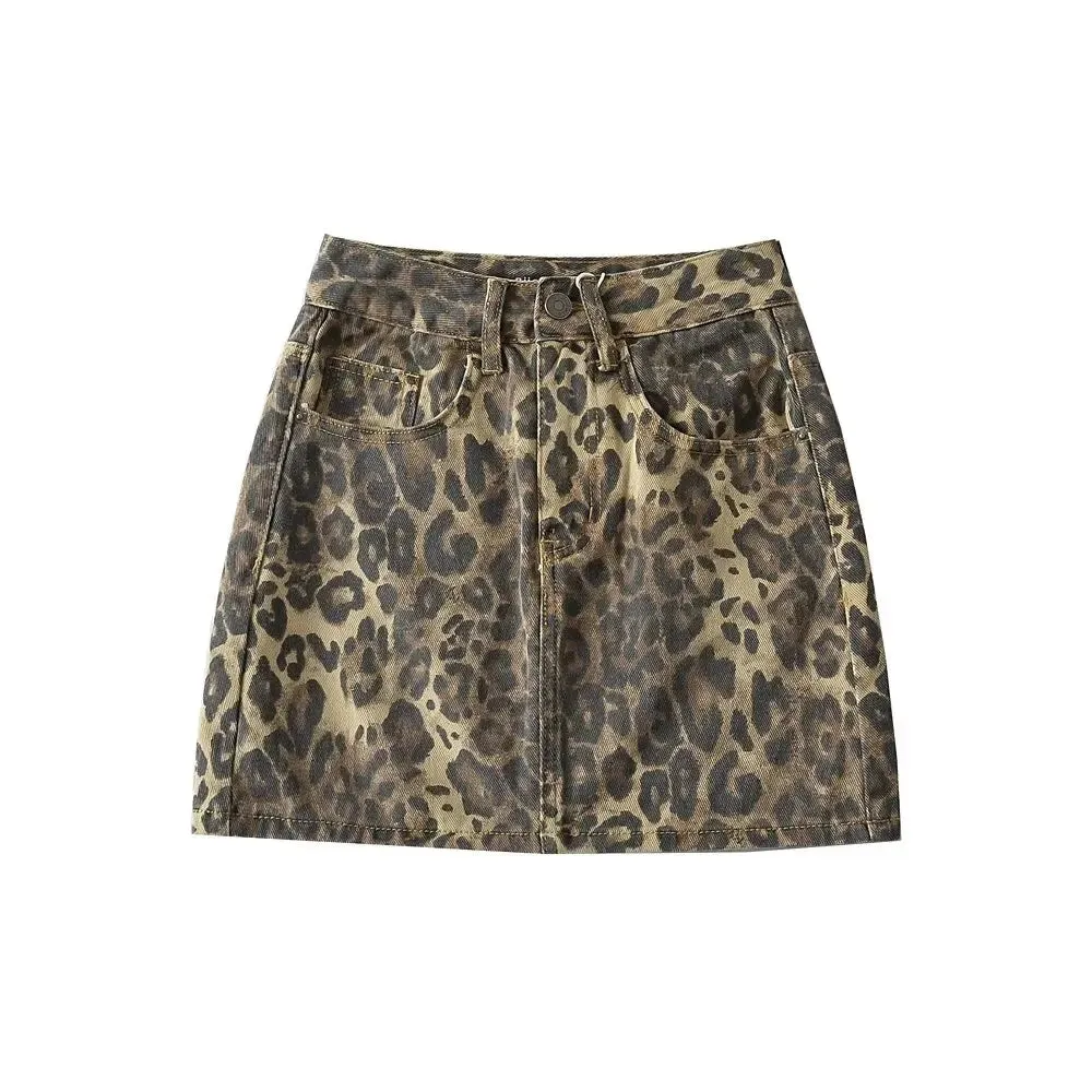Girlary High Waisted Mini Skirts for Women Korean Fashion Leopard Skirts Womens 2024 Summer Denim Skirt Green Vintage Jean Skirt Ripped