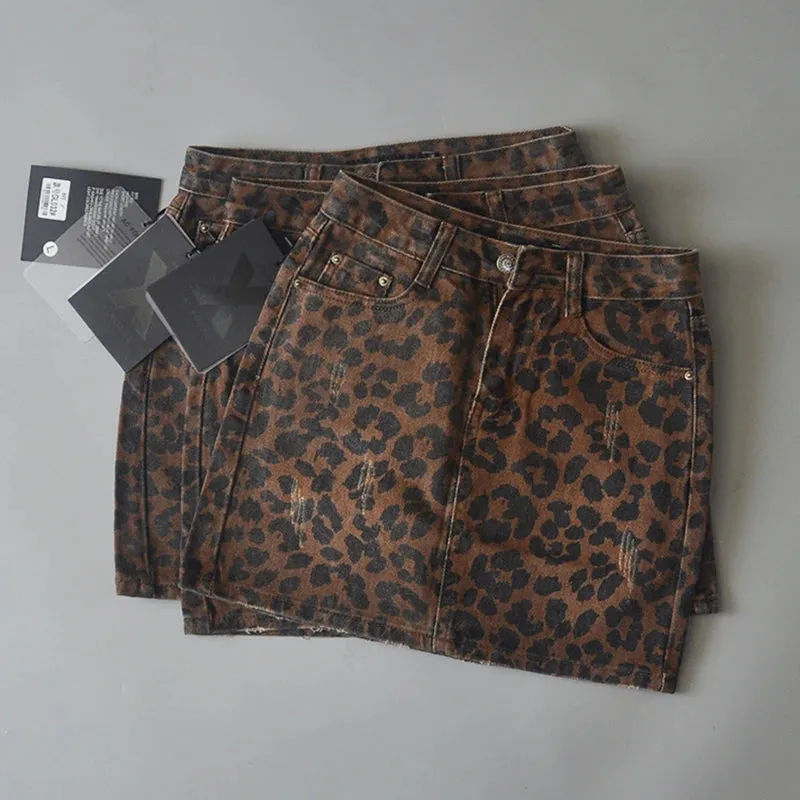 Girlary High Waisted Mini Skirts for Women Korean Fashion Leopard Skirts Womens 2024 Summer Denim Skirt Green Vintage Jean Skirt Ripped