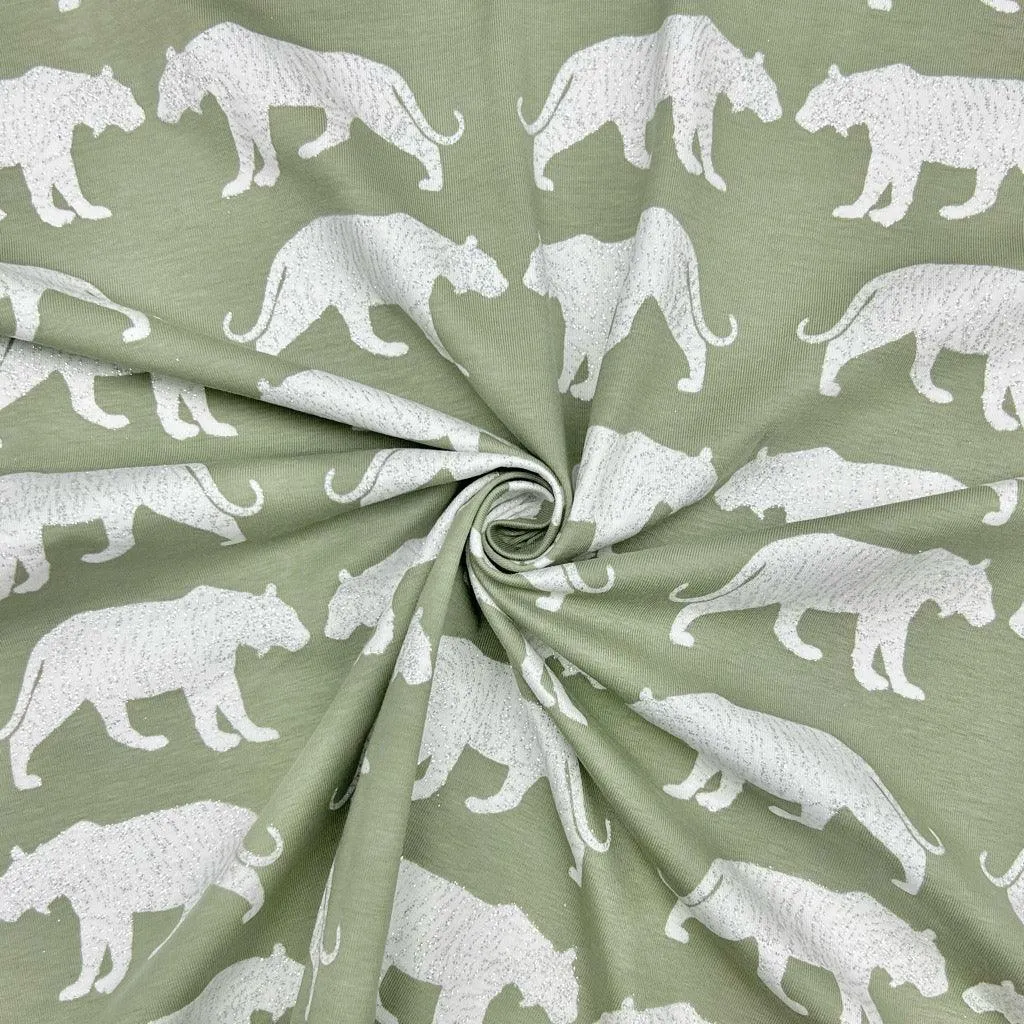 Glitter Tigers on Sage Cotton Jersey Fabric