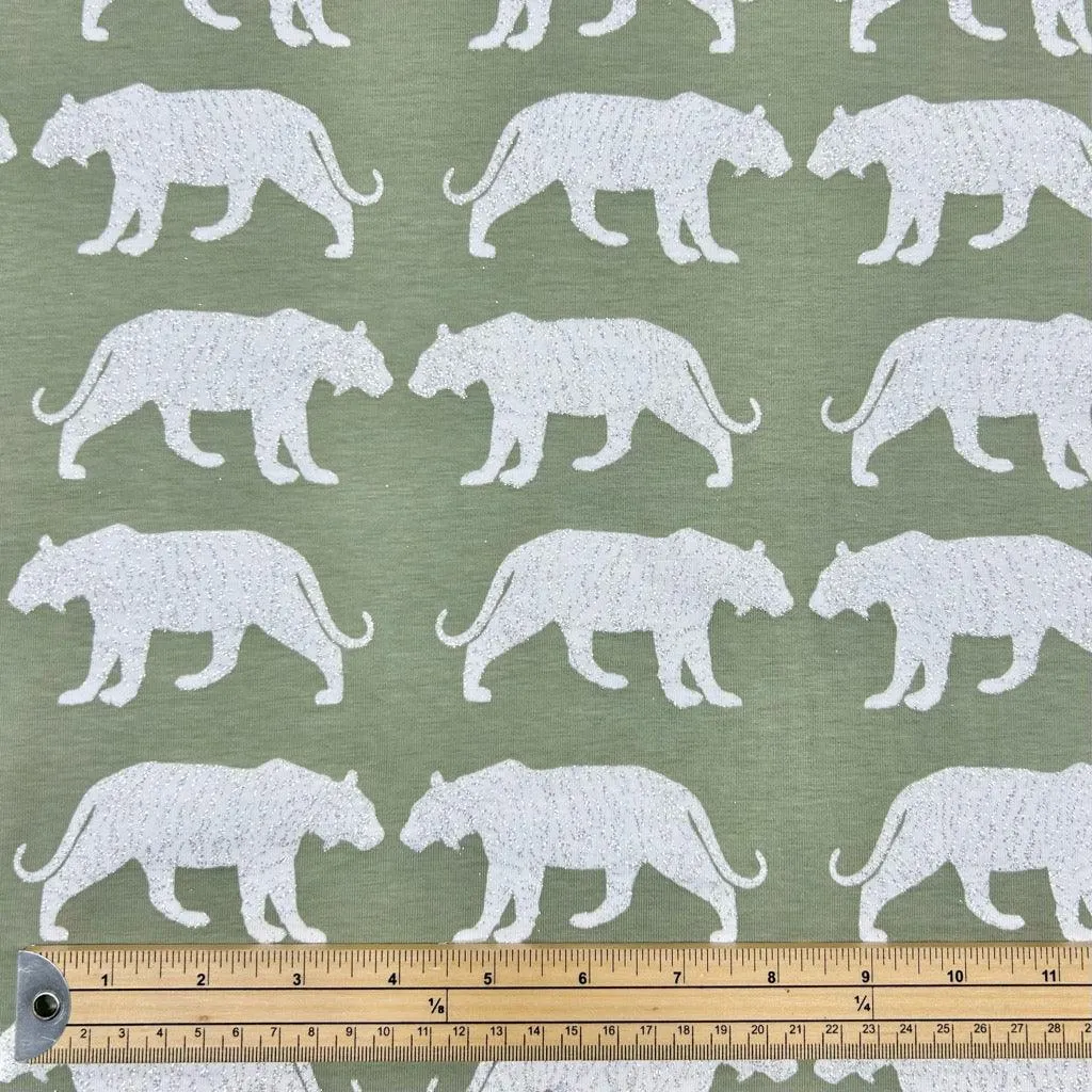 Glitter Tigers on Sage Cotton Jersey Fabric