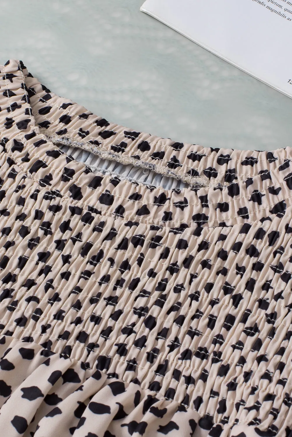 Leopard Shirred Round Neck Puff Sleeve Blouse