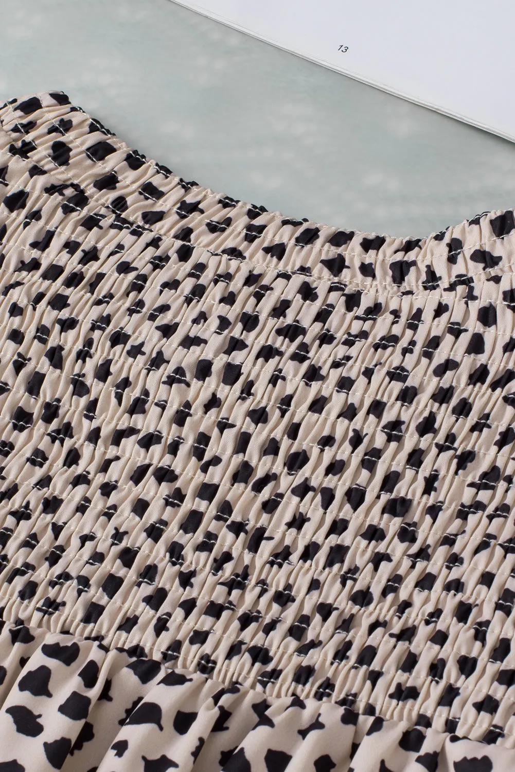 Leopard Shirred Round Neck Puff Sleeve Blouse