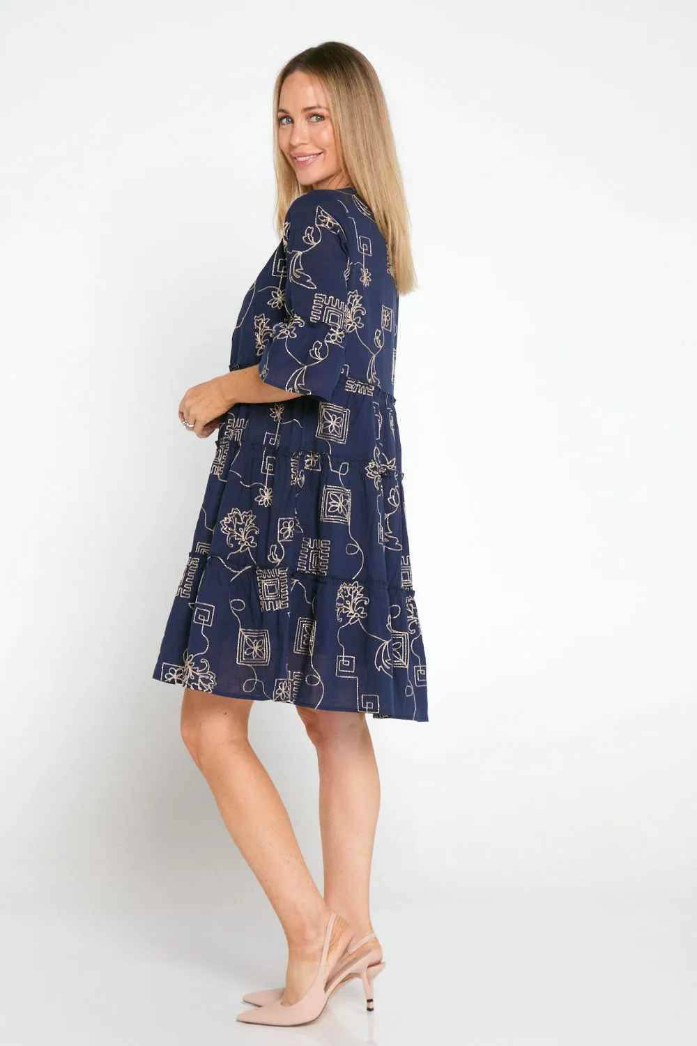 Mala Goldwork Cotton Dress - Navy