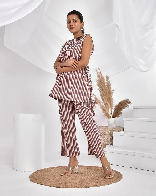 Pink Grey StripesCotton Loungewear Coord Set
