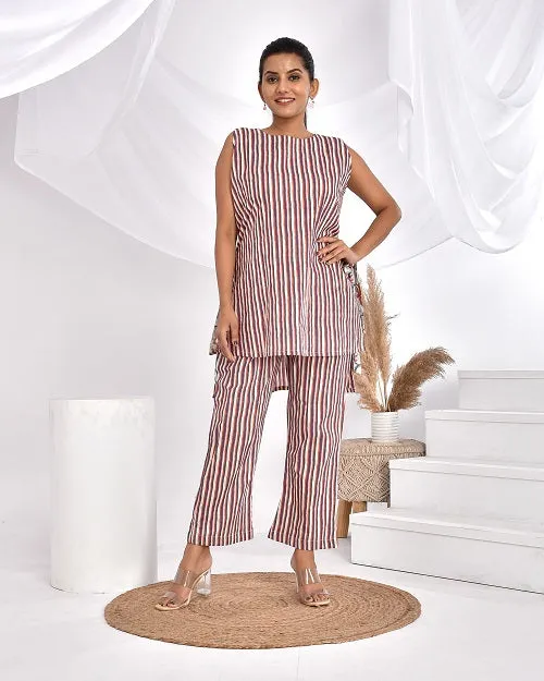 Pink Grey StripesCotton Loungewear Coord Set