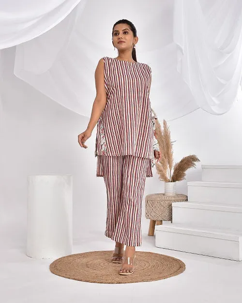 Pink Grey StripesCotton Loungewear Coord Set