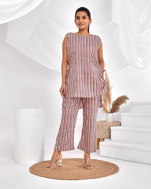 Pink Grey StripesCotton Loungewear Coord Set