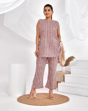 Pink Grey StripesCotton Loungewear Coord Set