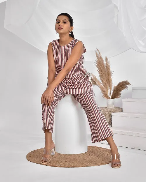 Pink Grey StripesCotton Loungewear Coord Set