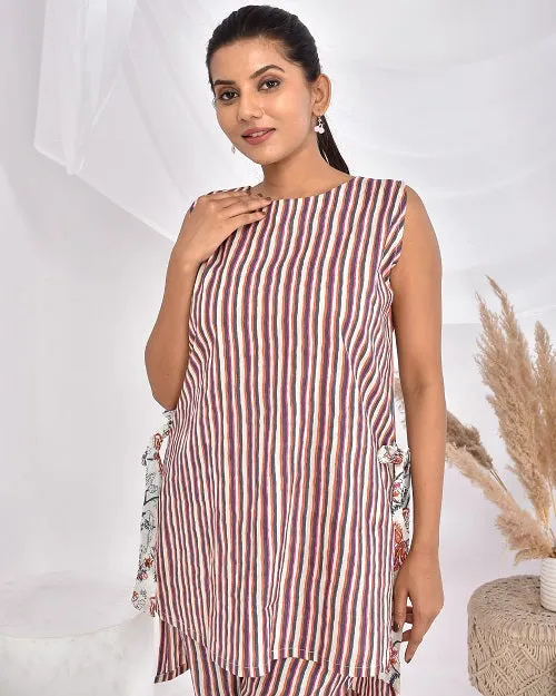 Pink Grey StripesCotton Loungewear Coord Set
