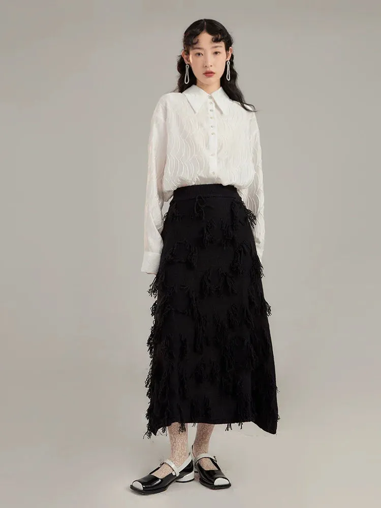 Red Distressed Midi Skirt with Frayed Texture