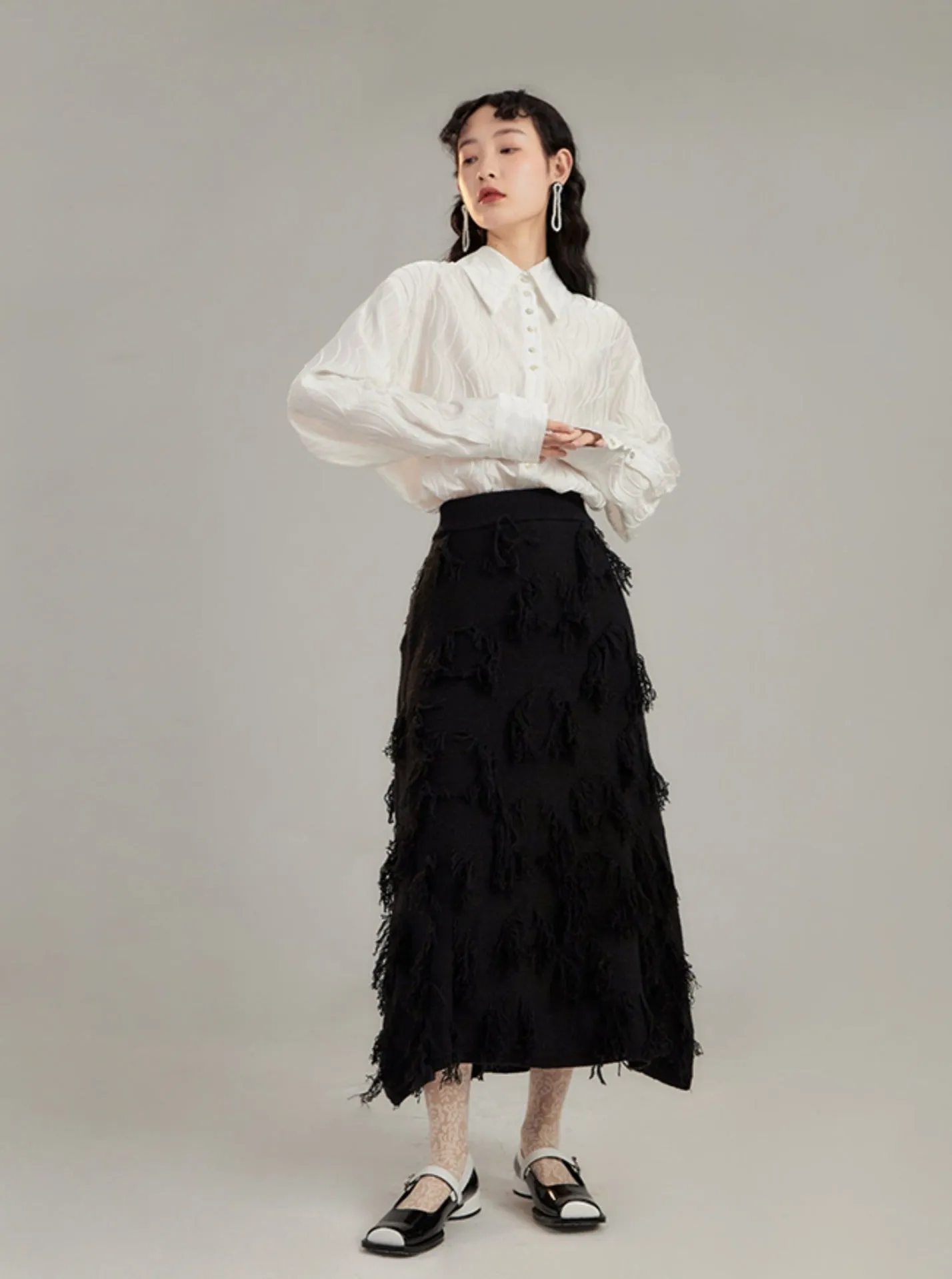 Red Distressed Midi Skirt with Frayed Texture