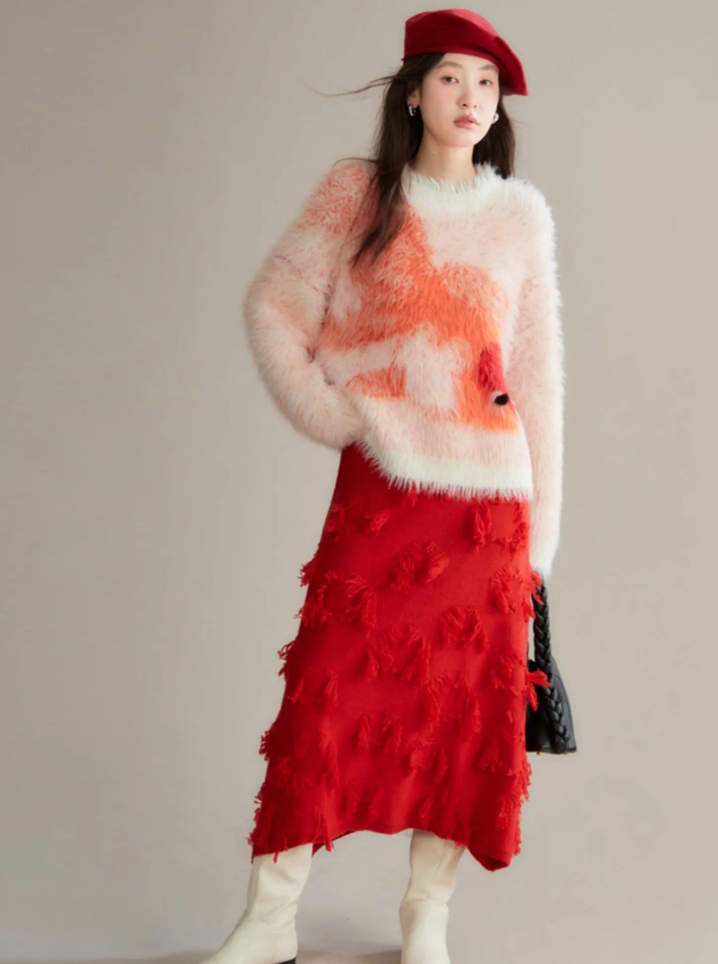 Red Distressed Midi Skirt with Frayed Texture