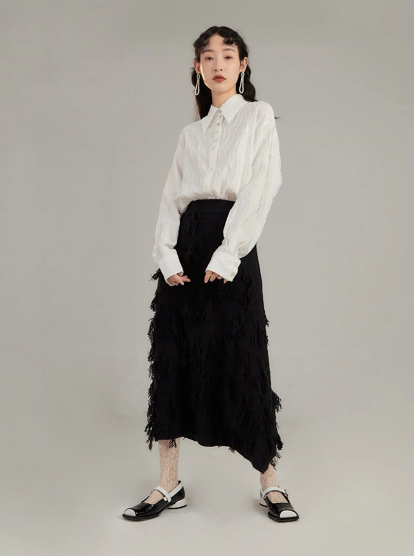 Red Distressed Midi Skirt with Frayed Texture