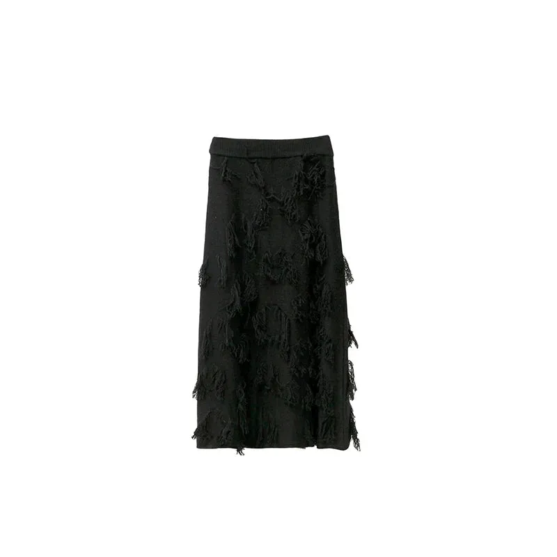 Red Distressed Midi Skirt with Frayed Texture